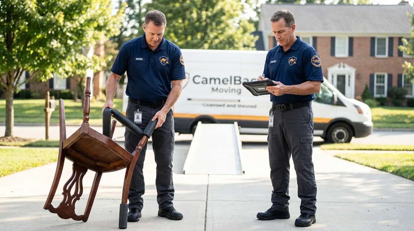 Movers inspecting furniture for damage prevention before loading in Kimberly, ID