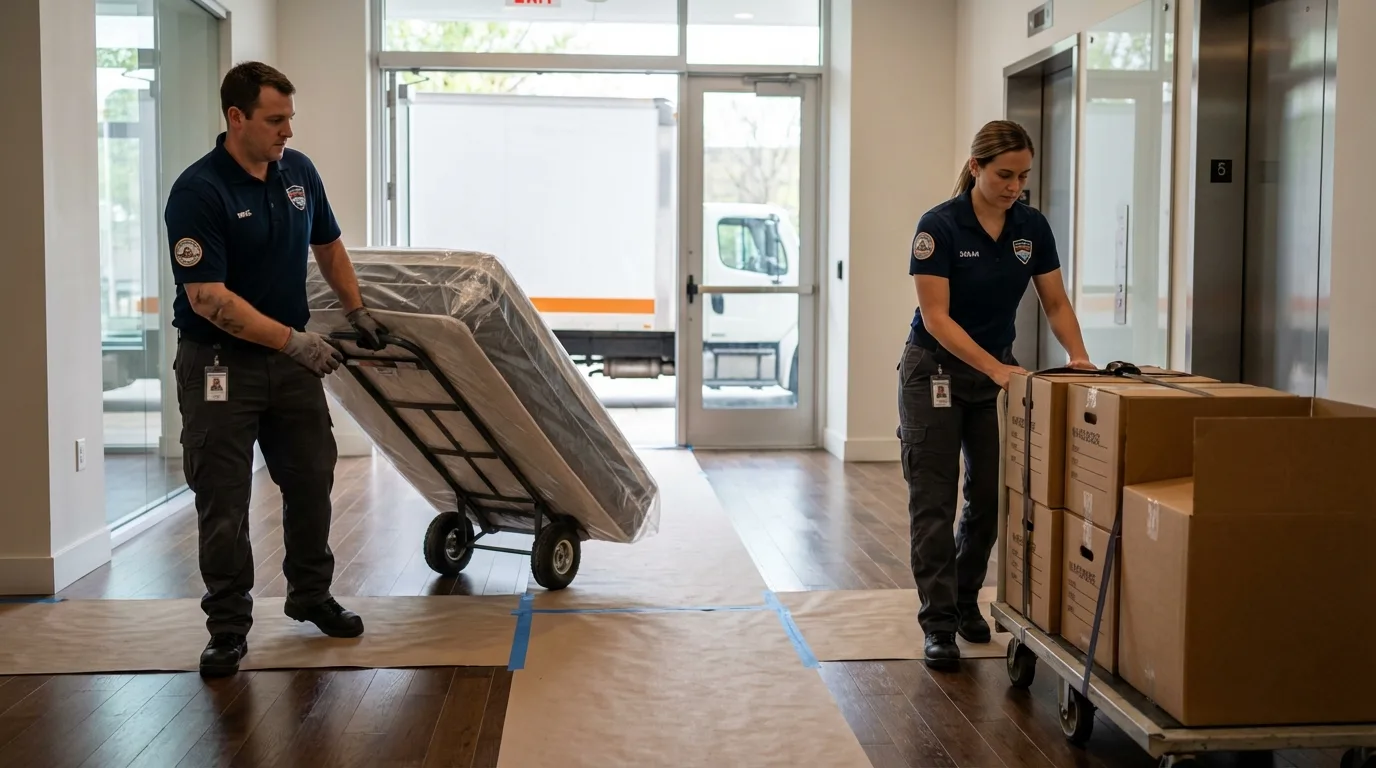 Professional apartment movers loading elevator in Kimberly, ID